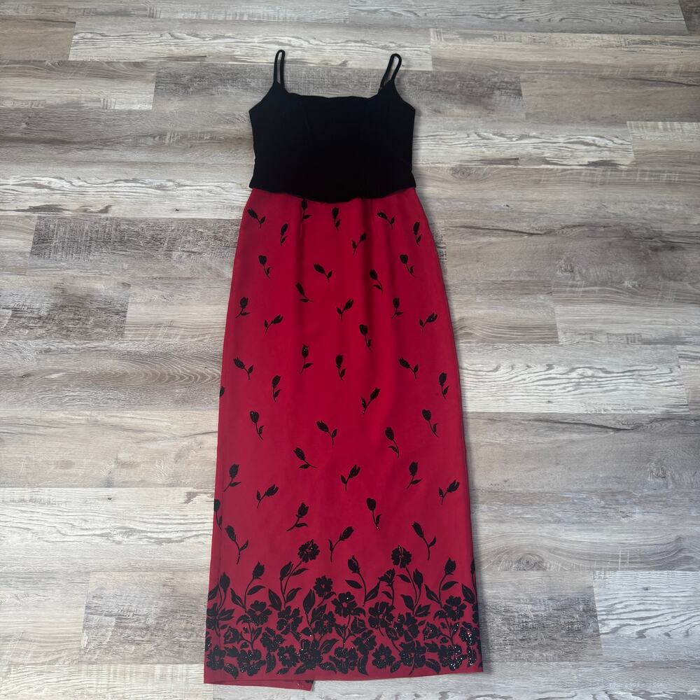 Vintage Y2K Red Black Velvet Corset Maxi Dress Flocked Floral Goth Homecoming M
